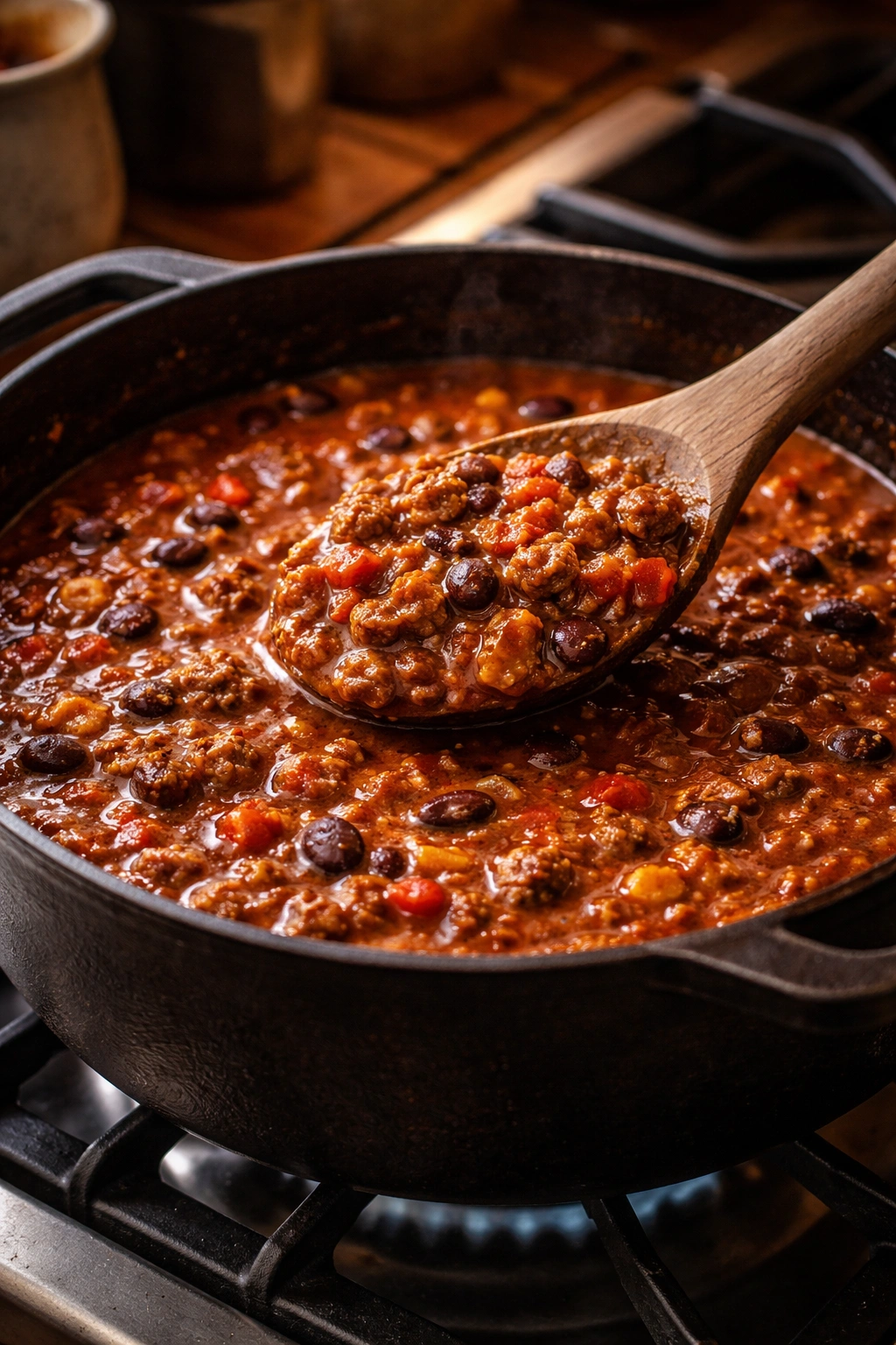Close-up of thick chili with browned meat and beans in a cast-iron pot