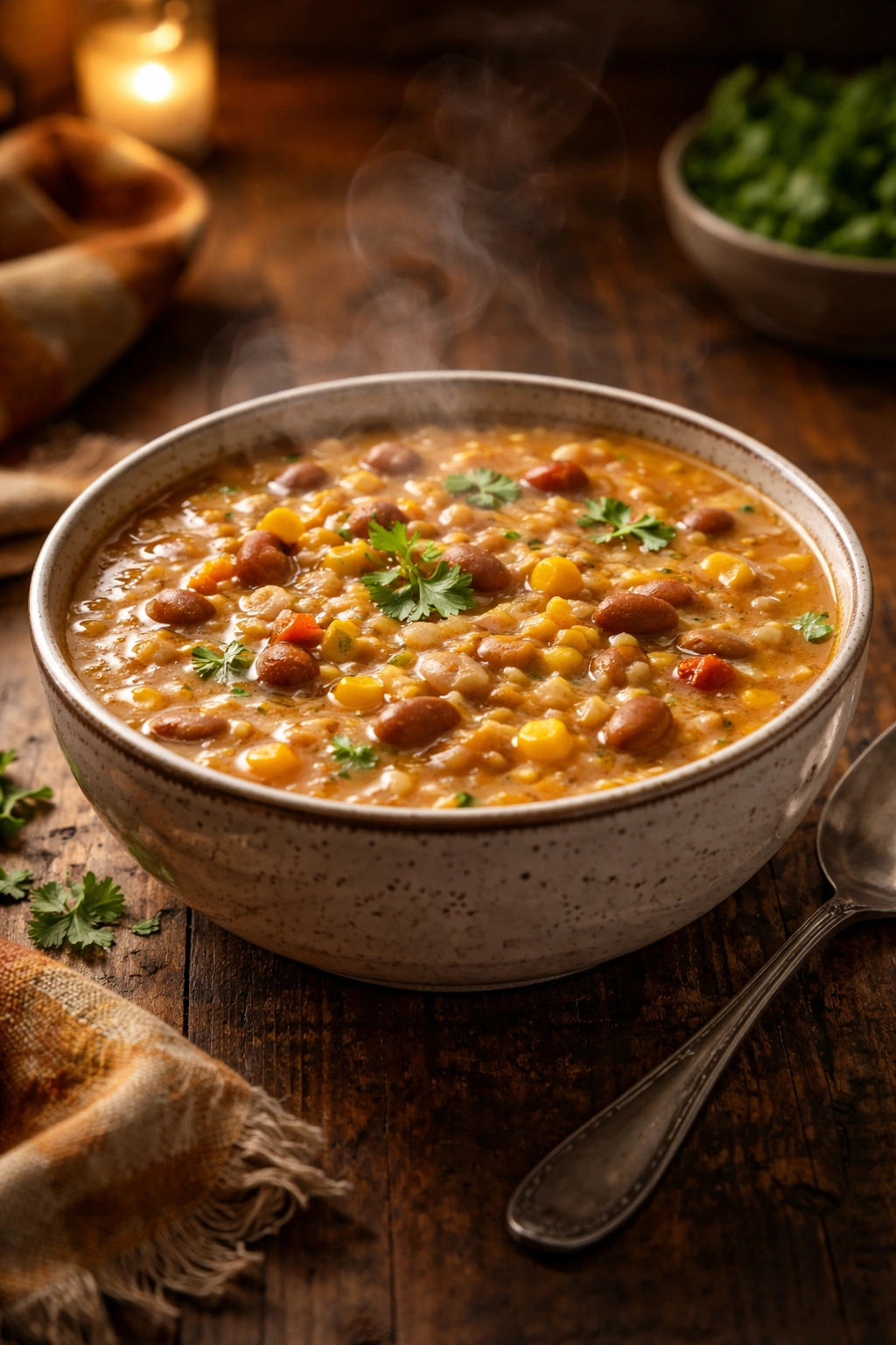 Steaming bowl of thick corn and bean soup on a wooden table