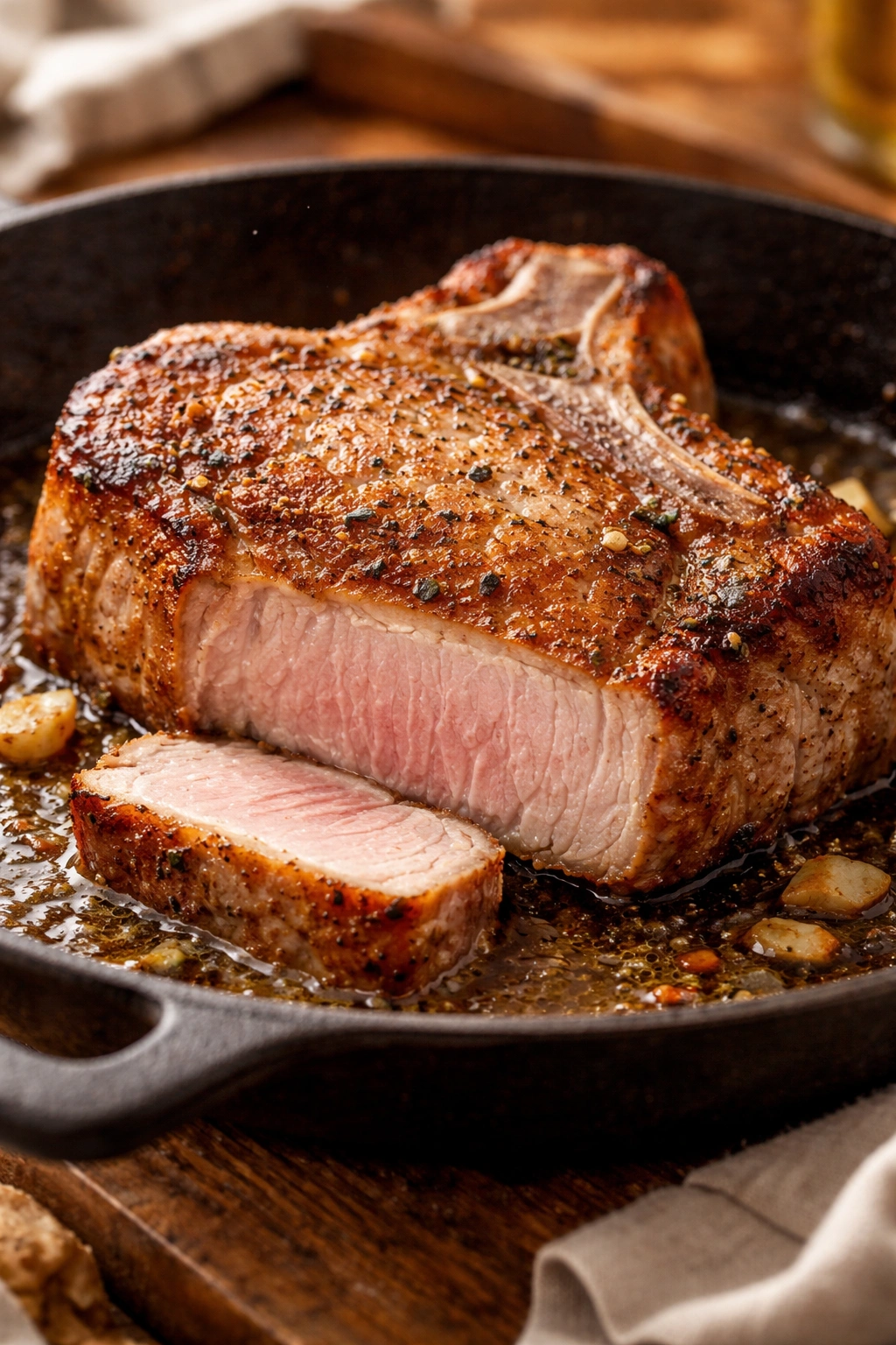 Thick pork chop with golden crust and juicy pink center in a skillet.