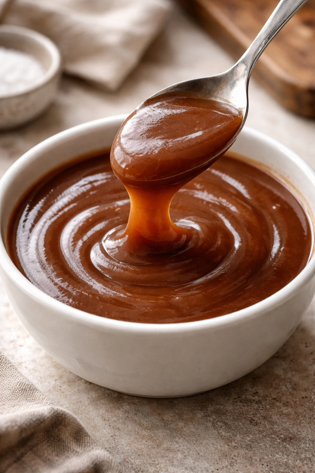 Close-up of glossy thick sauce in a white bowl