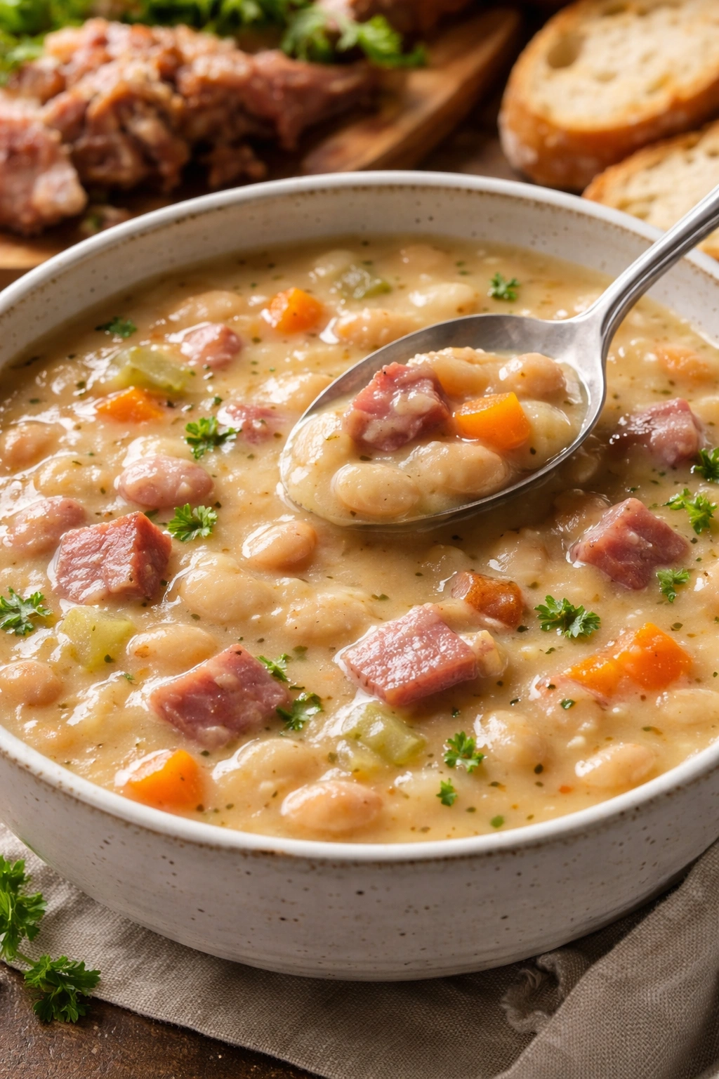 Close-up of thick, velvety ham and bean soup in a bowl