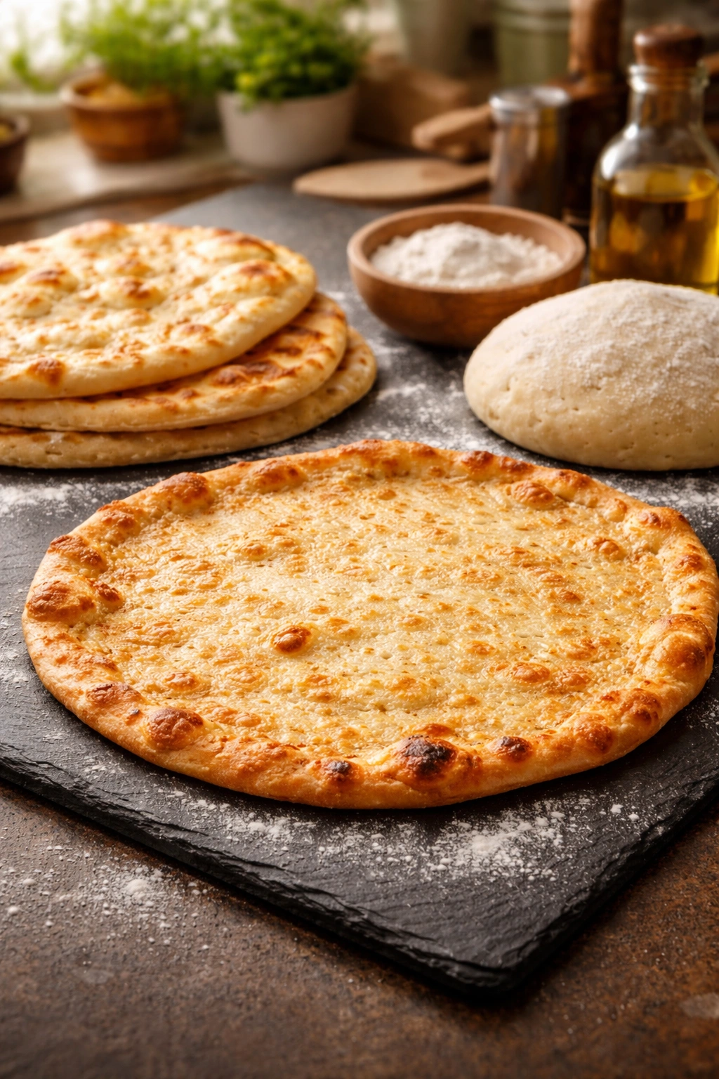 Thin-crust pizza base on dark slate showing crisp edges