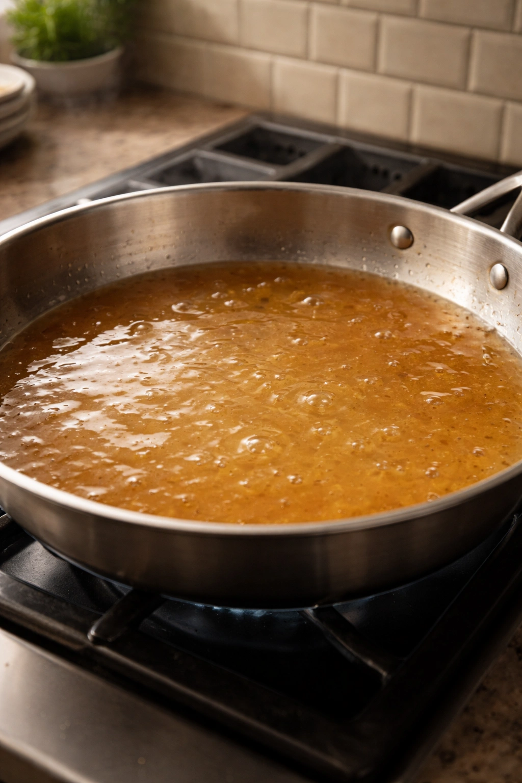 Close-up of a thin sauce simmering in a shallow pan on a kitchen stove