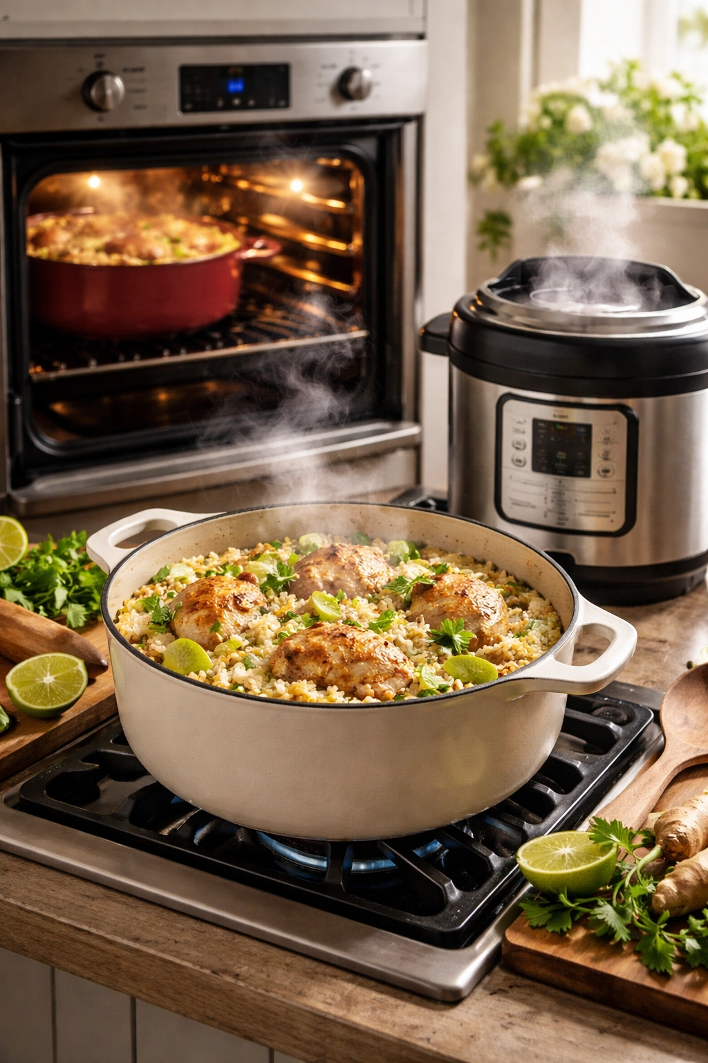 Cast-iron Dutch oven with rice and chicken steaming on the stove.