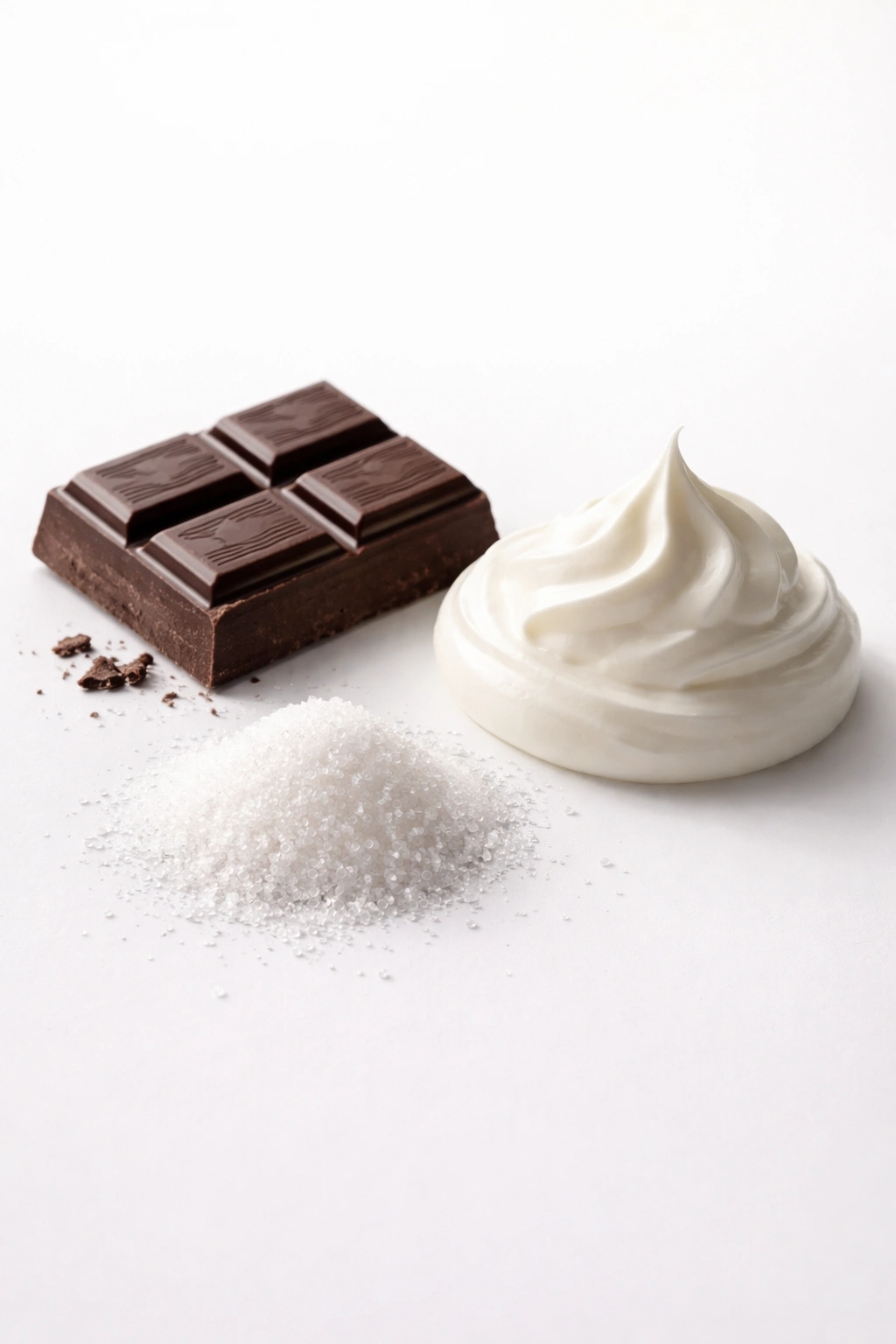 Three-ingredient dessert concept with chocolate, cream, and sugar on a white surface