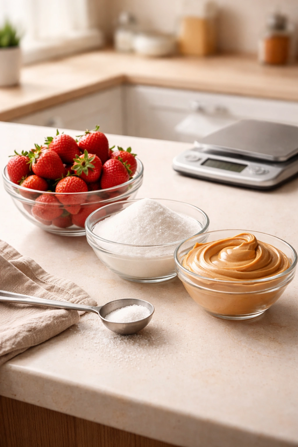 Minimalist kitchen setup with three ingredients and measuring tools