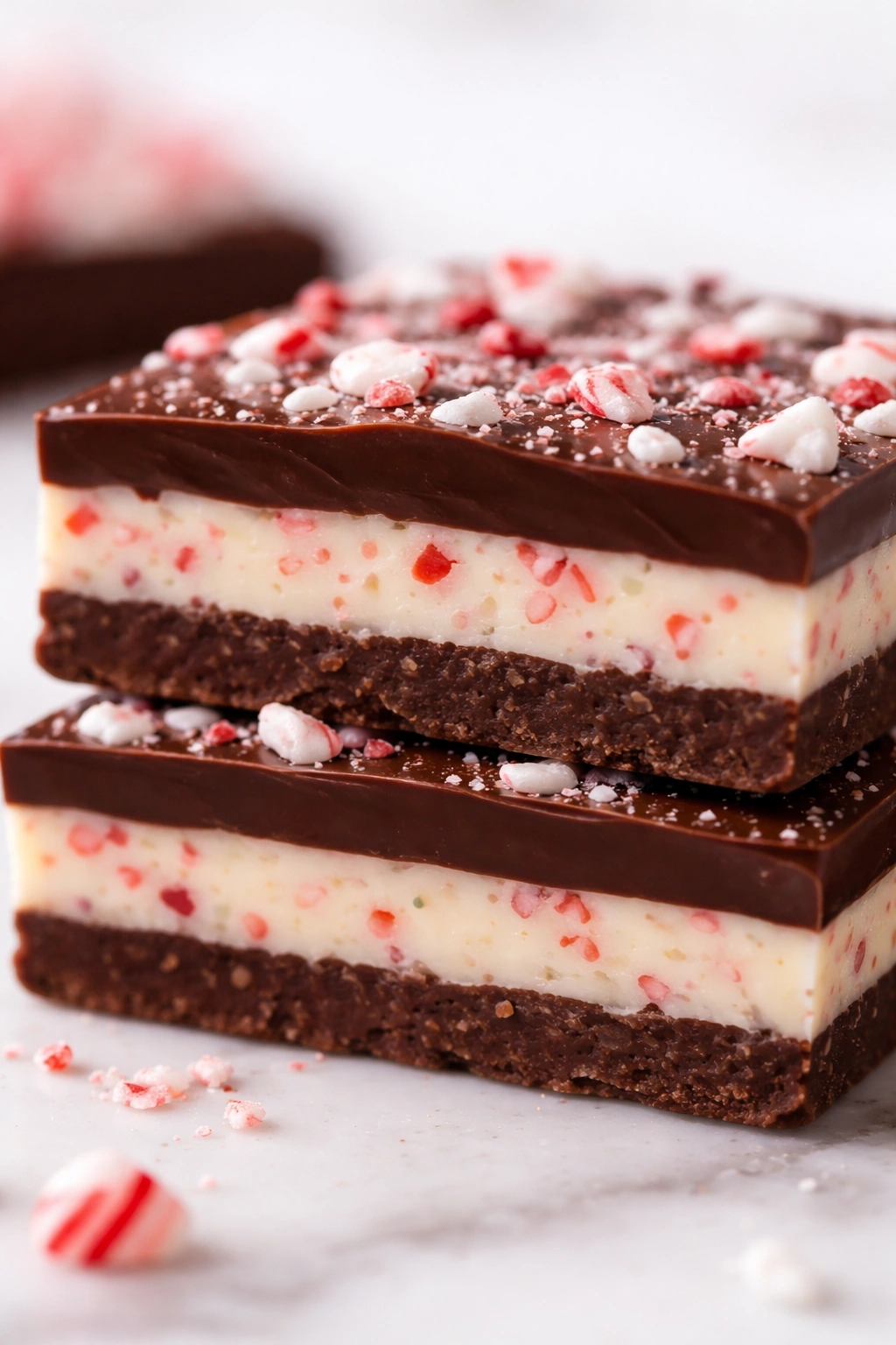 Cross-section of three-layer peppermint bark showing distinct layers
