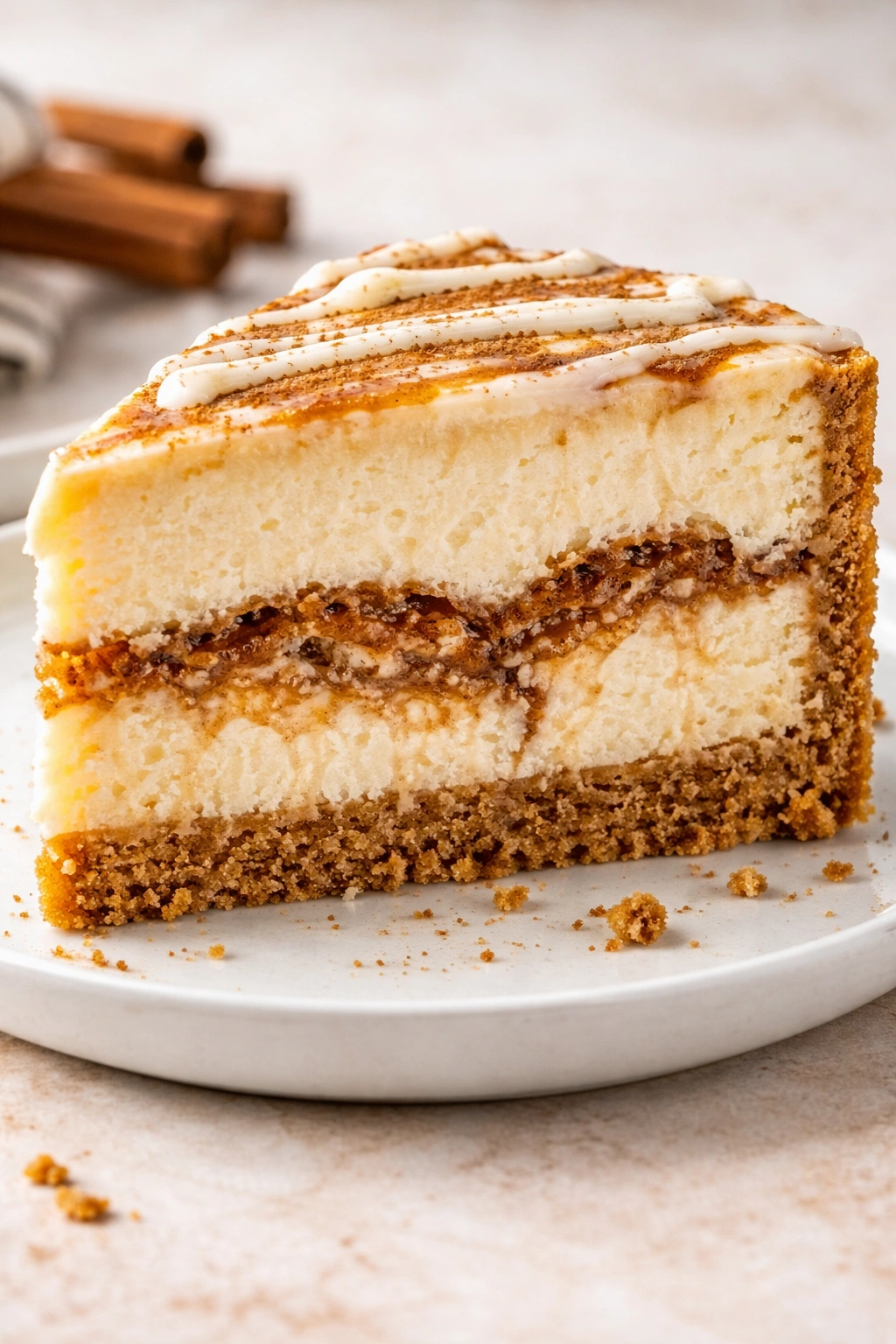 Cheesecake slice showing crust, filling, and cinnamon swirl