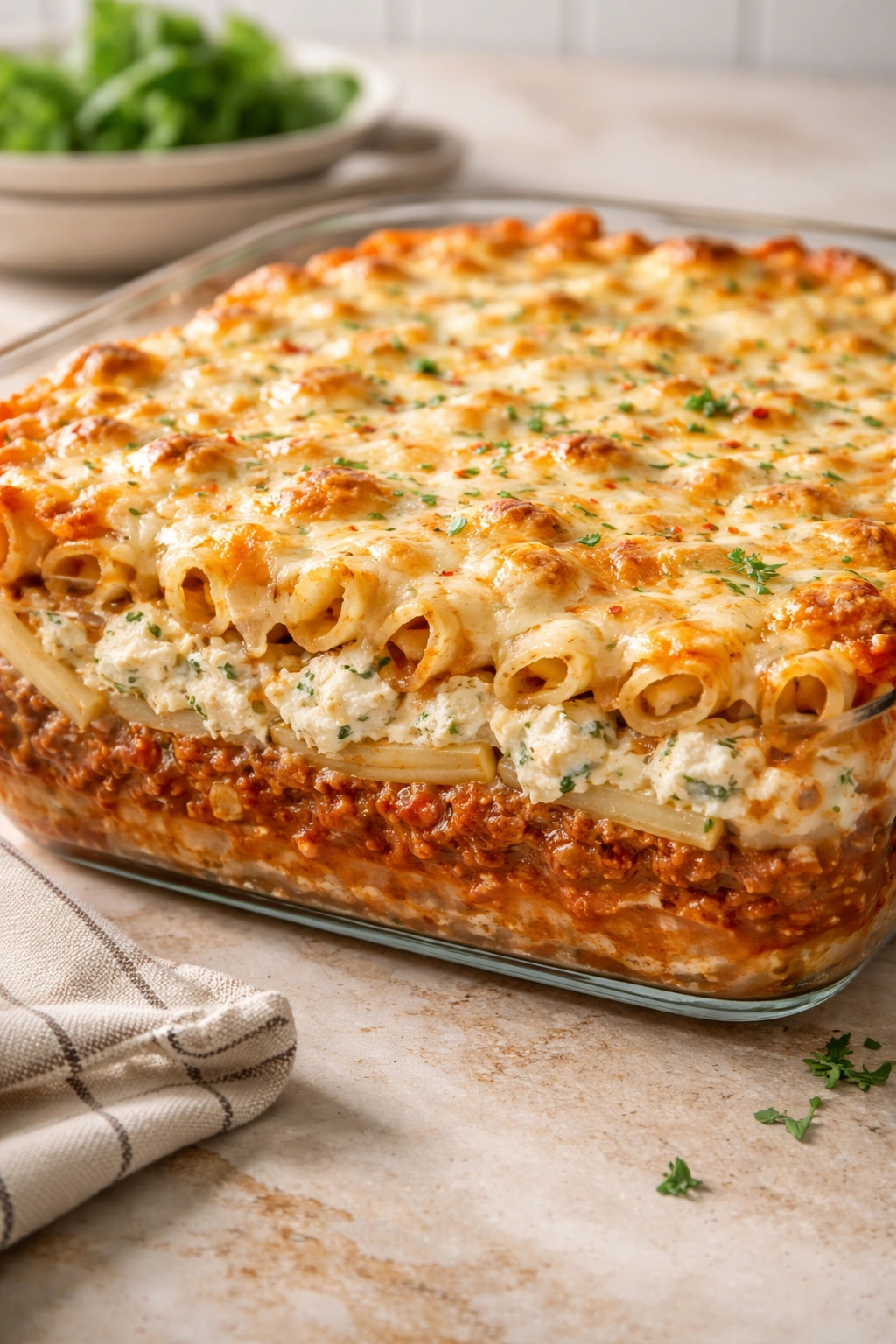 Glas baking dish showing three distinct layers: meat sauce, ricotta-pasta, cheese
