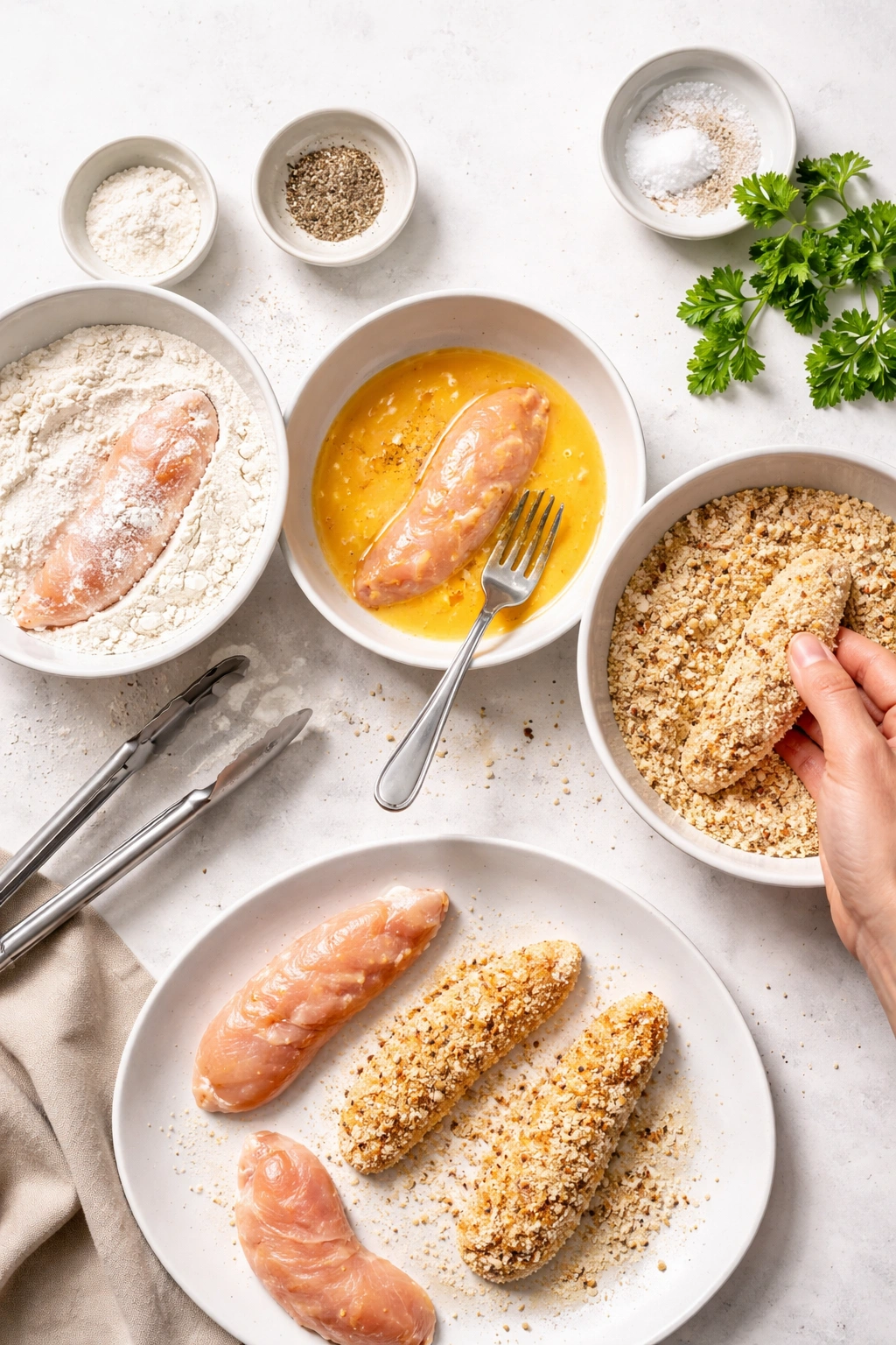 Raw chicken being breaded with flour, egg, then breadcrumbs in three bowls