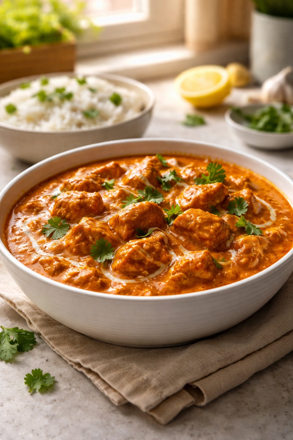 Close-up of creamy chicken tikka masala in a white bowl with warm kitchen light