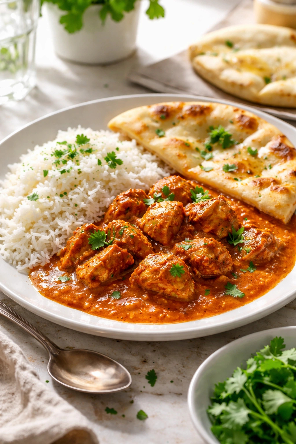 Chicken tikka masala plated with basmati rice and naan for serving
