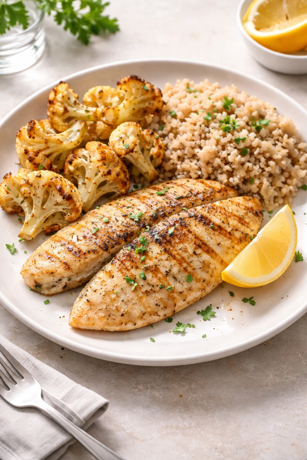Grilled tilapia with roasted cauliflower and brown rice on a plate