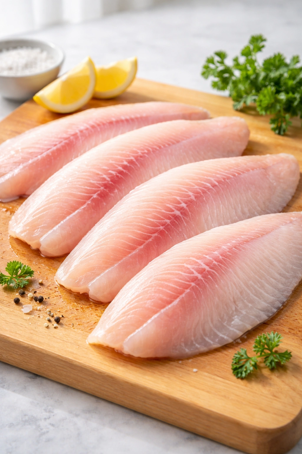 Fresh tilapia fillets on a wooden board showing firm texture