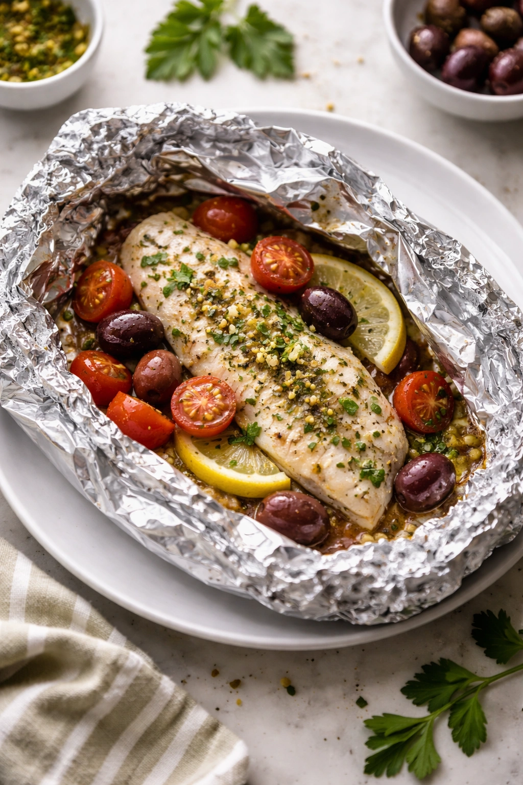 Tilapia in foil packet with tomatoes and olives inside on plate