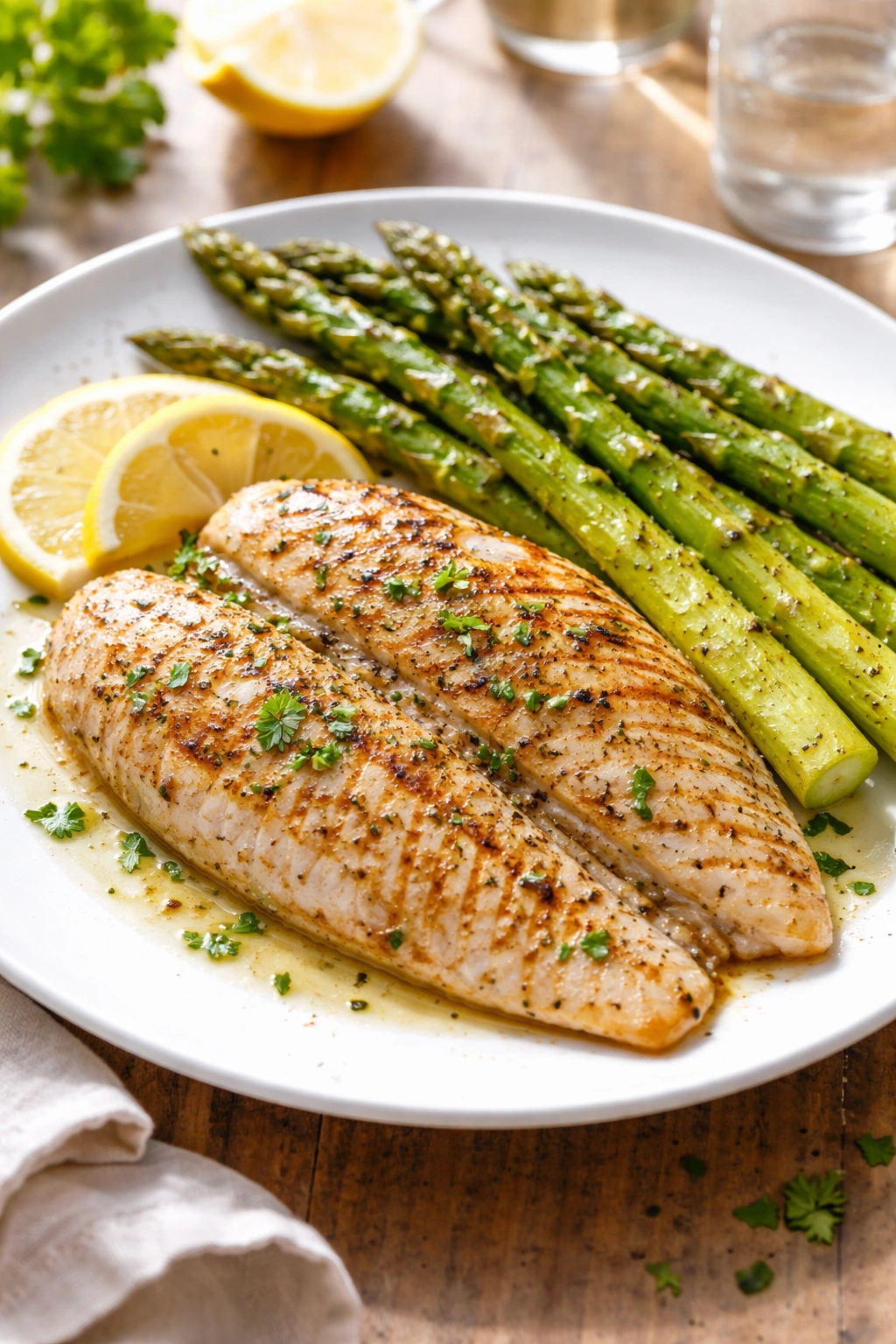 Grilled tilapia fillet with lemon and asparagus on a plate