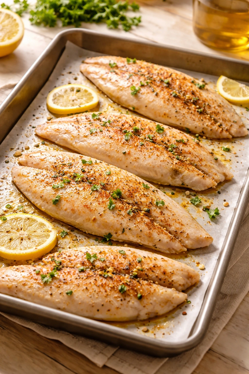 Tilapia fillets on a baking sheet ready for quick dinner