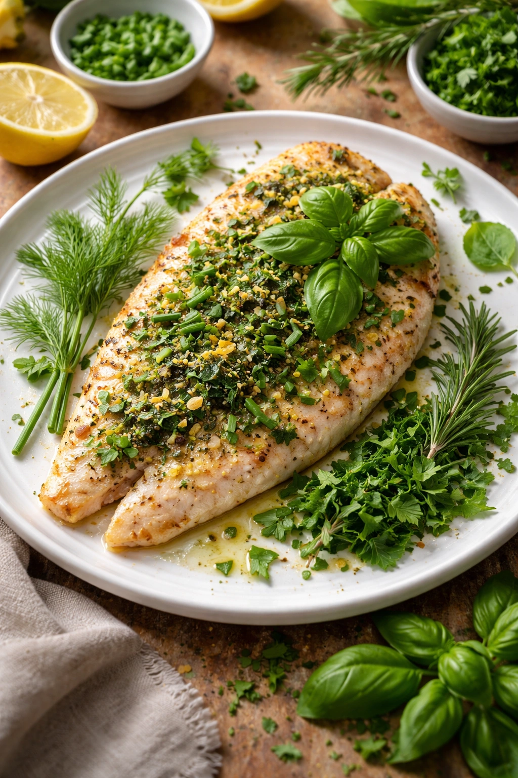 Tilapia fillet with seasonal herbs garnish