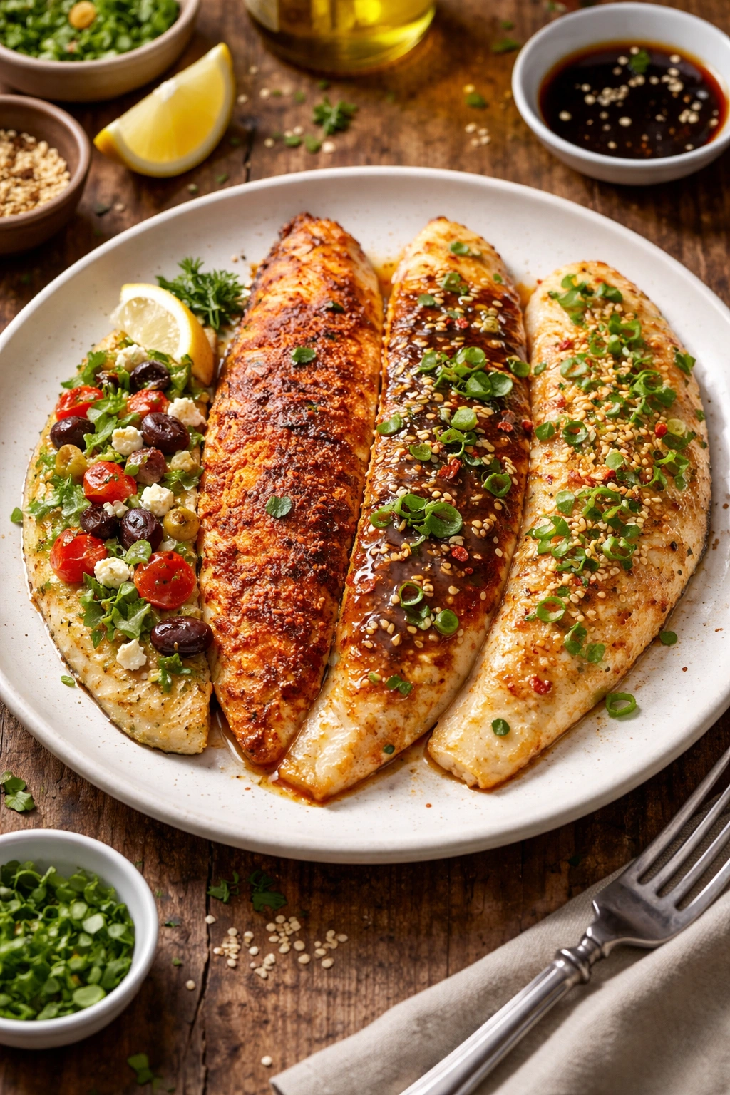 Tilapia fillet with four seasoning textures on top, plated simply