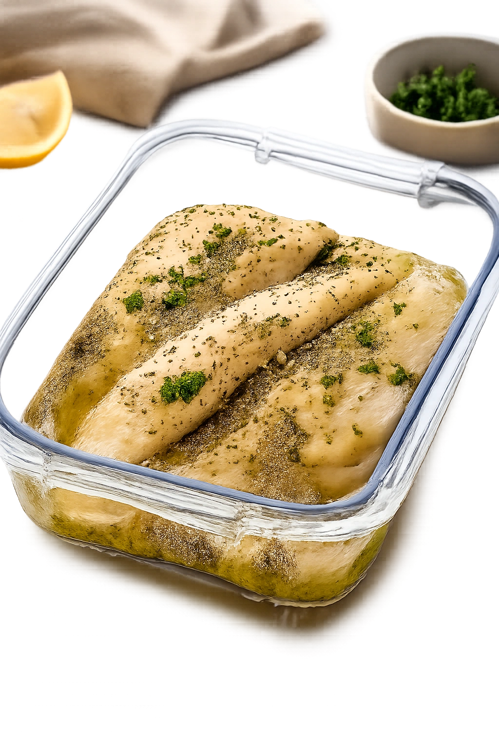 Glass storage container with tilapia in butter
