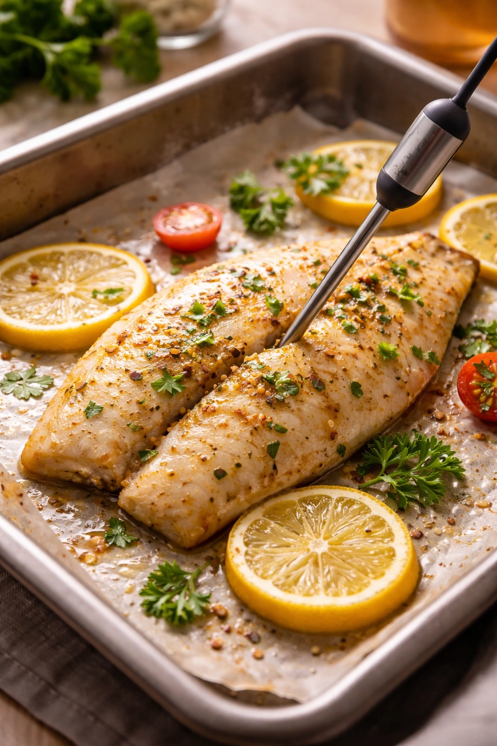 Tilapia with thermometer showing doneness cues to avoid overcooking