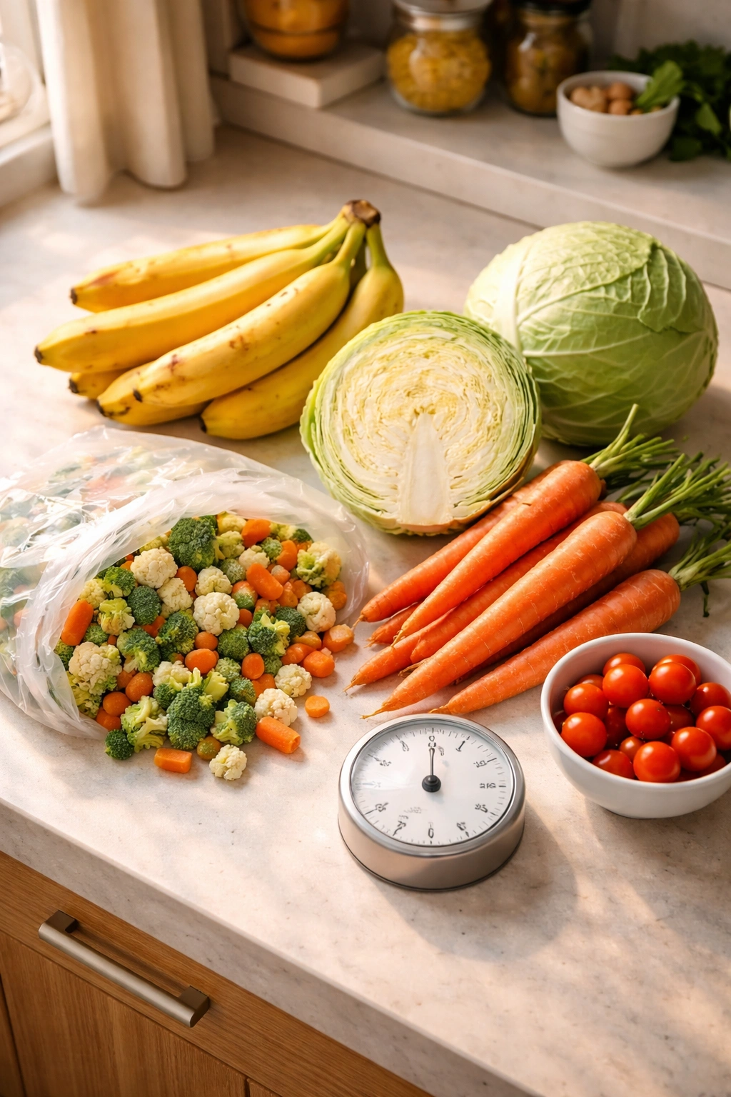 Timer with budget-friendly produce on a clean kitchen counter