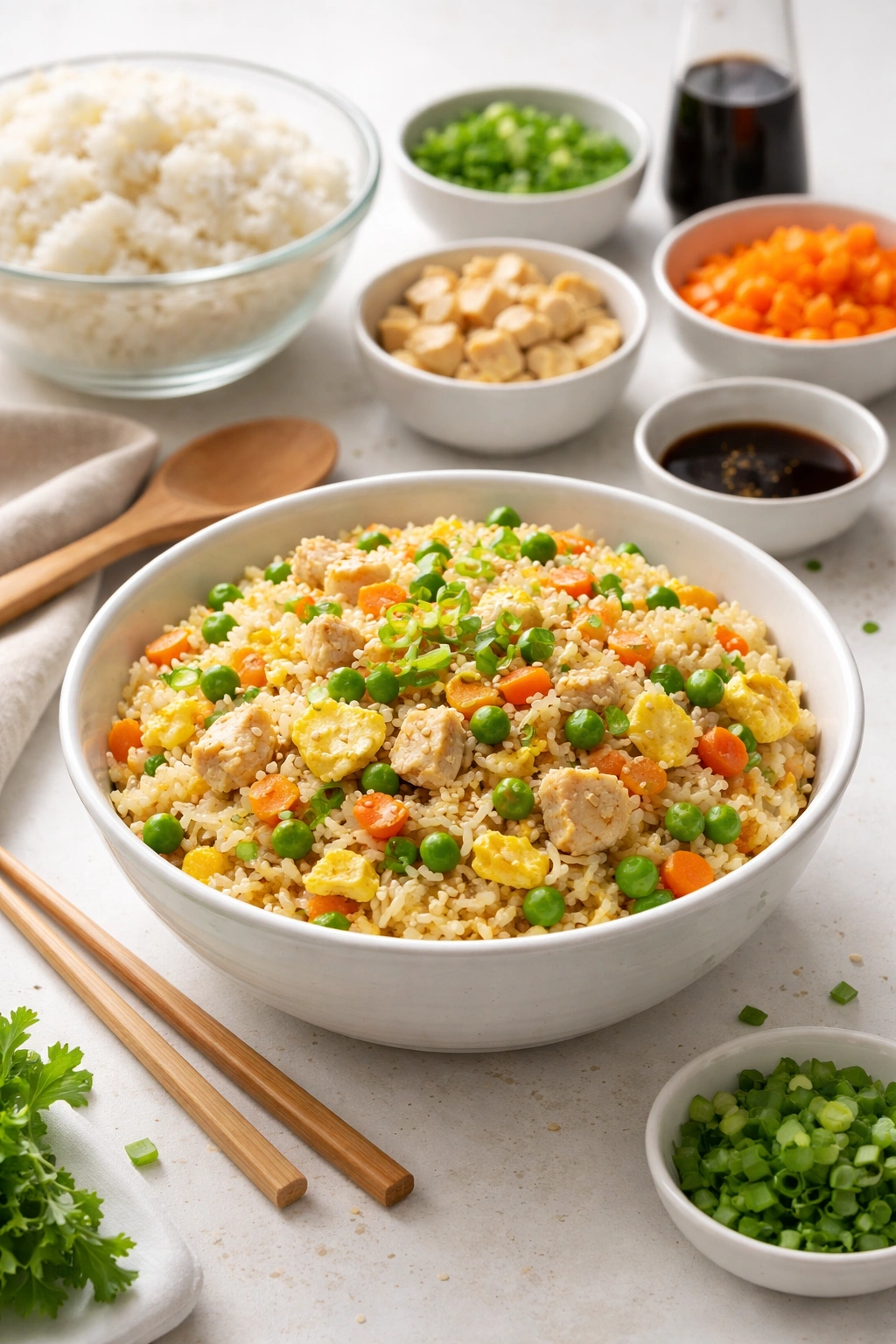 Single bowl of fried rice with clean, minimalist background