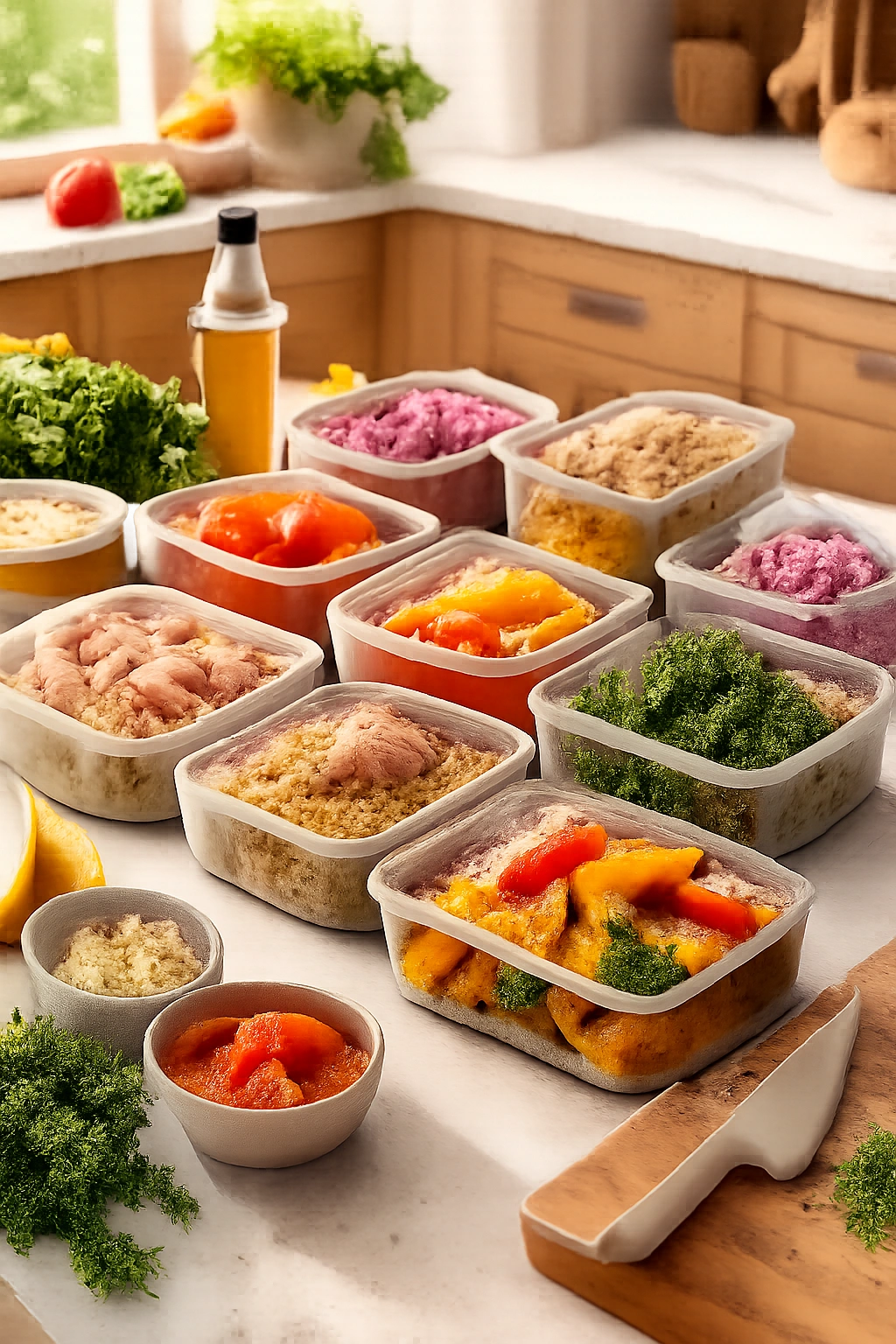 Meal-prep containers with pre-chopped vegetables and grains on a bright kitchen counter
