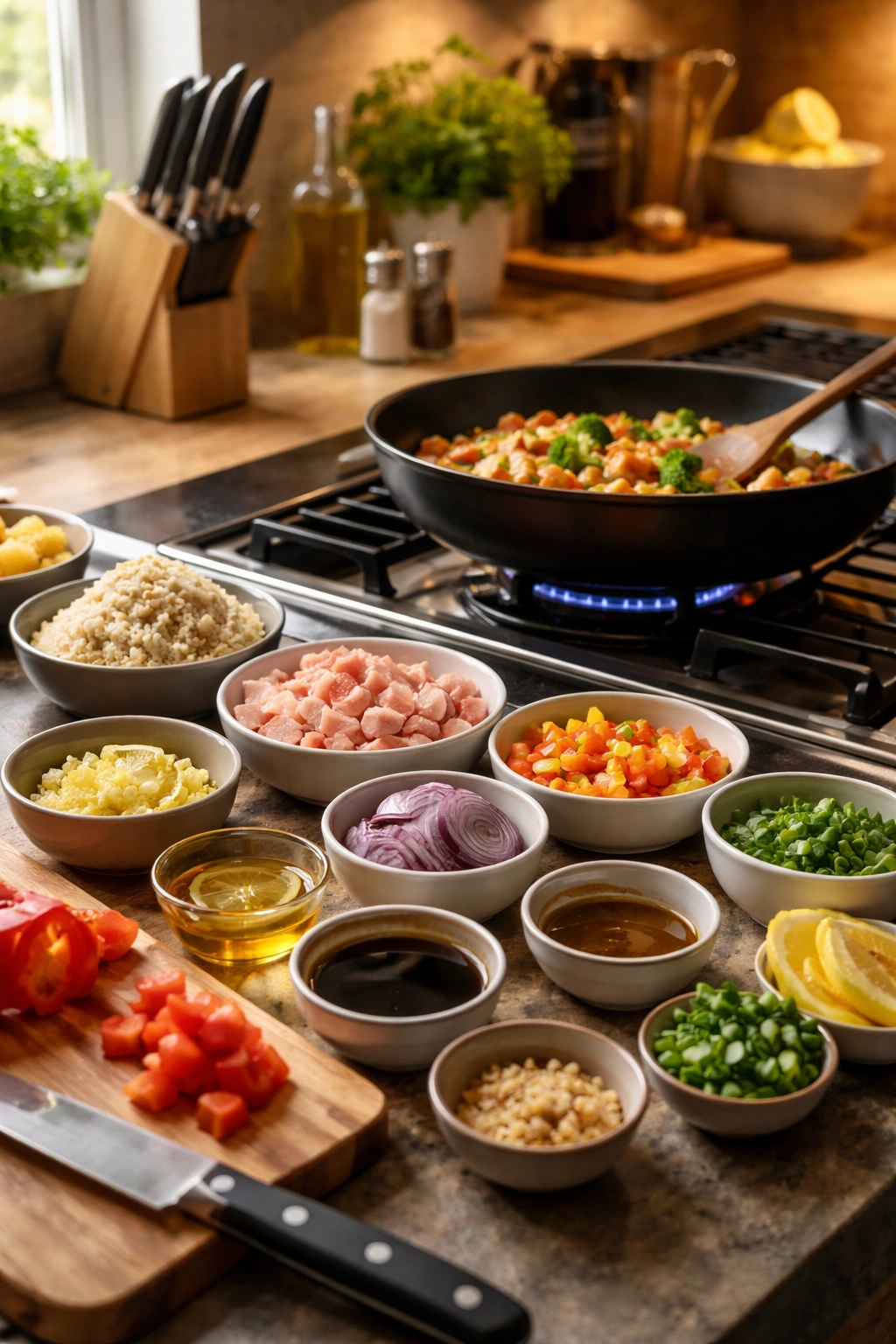 Mise en place and parallel cooking scene in a tidy kitchen