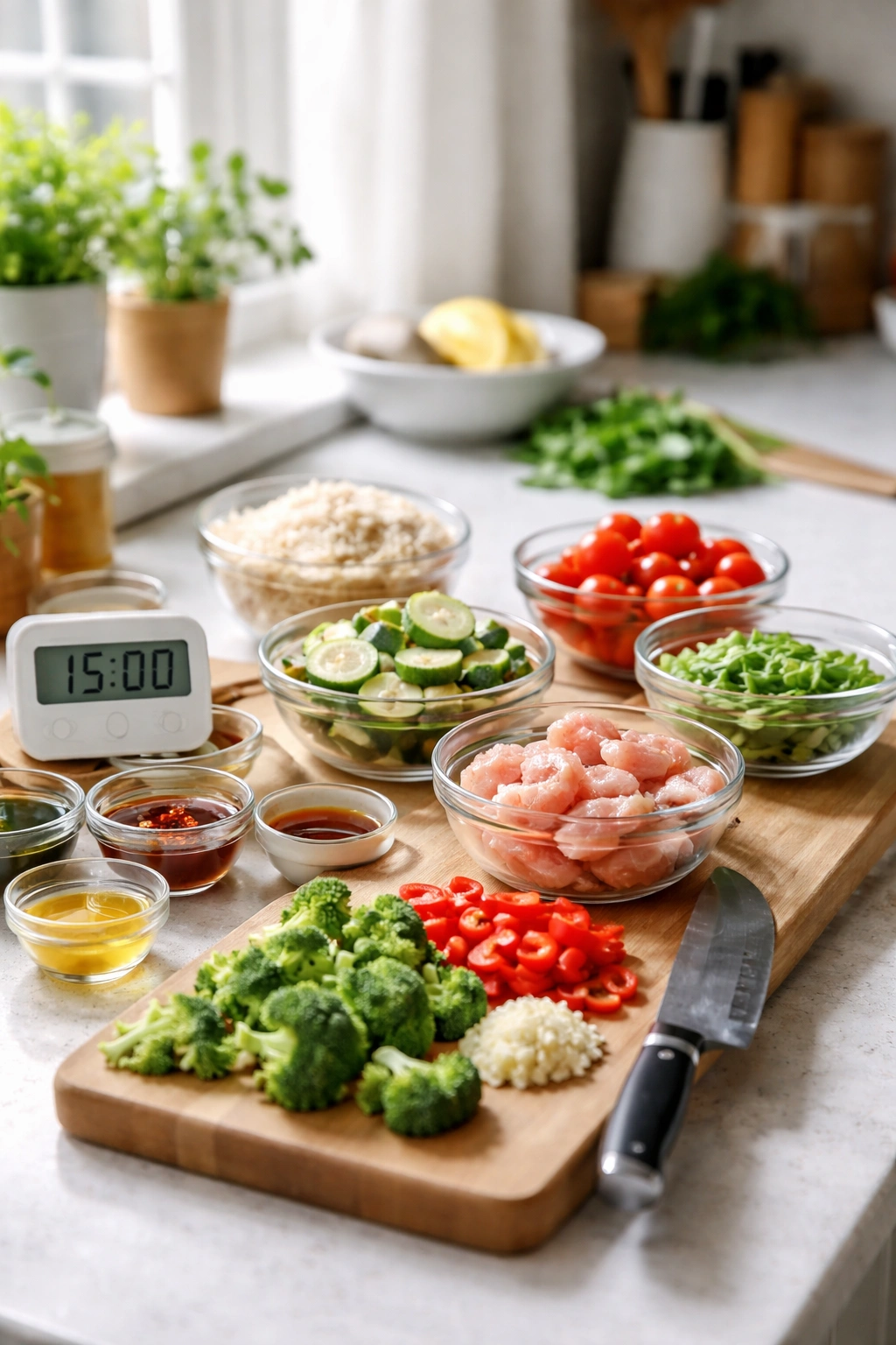 Kitchen timer and prepped mise en place on a bright counter