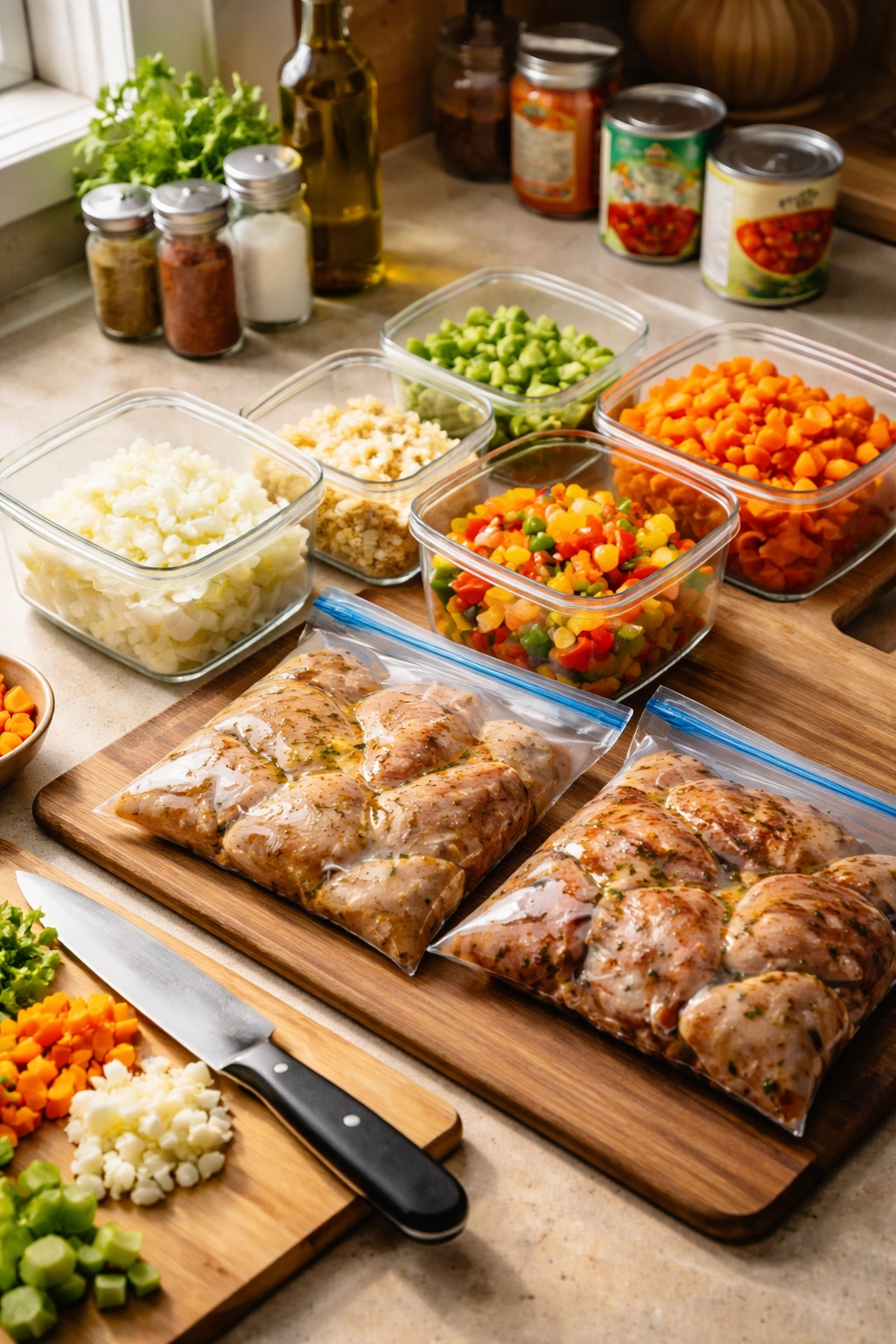 Chopped aromatics and pre-portioned chicken on a clean counter for weeknight prep