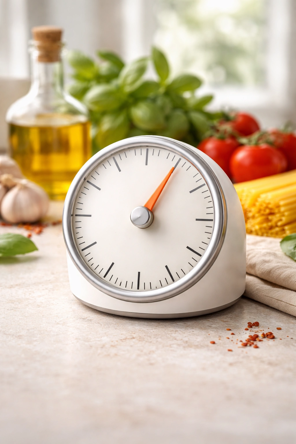 Close-up of a numeral-free timer dial indicating a brief cook time