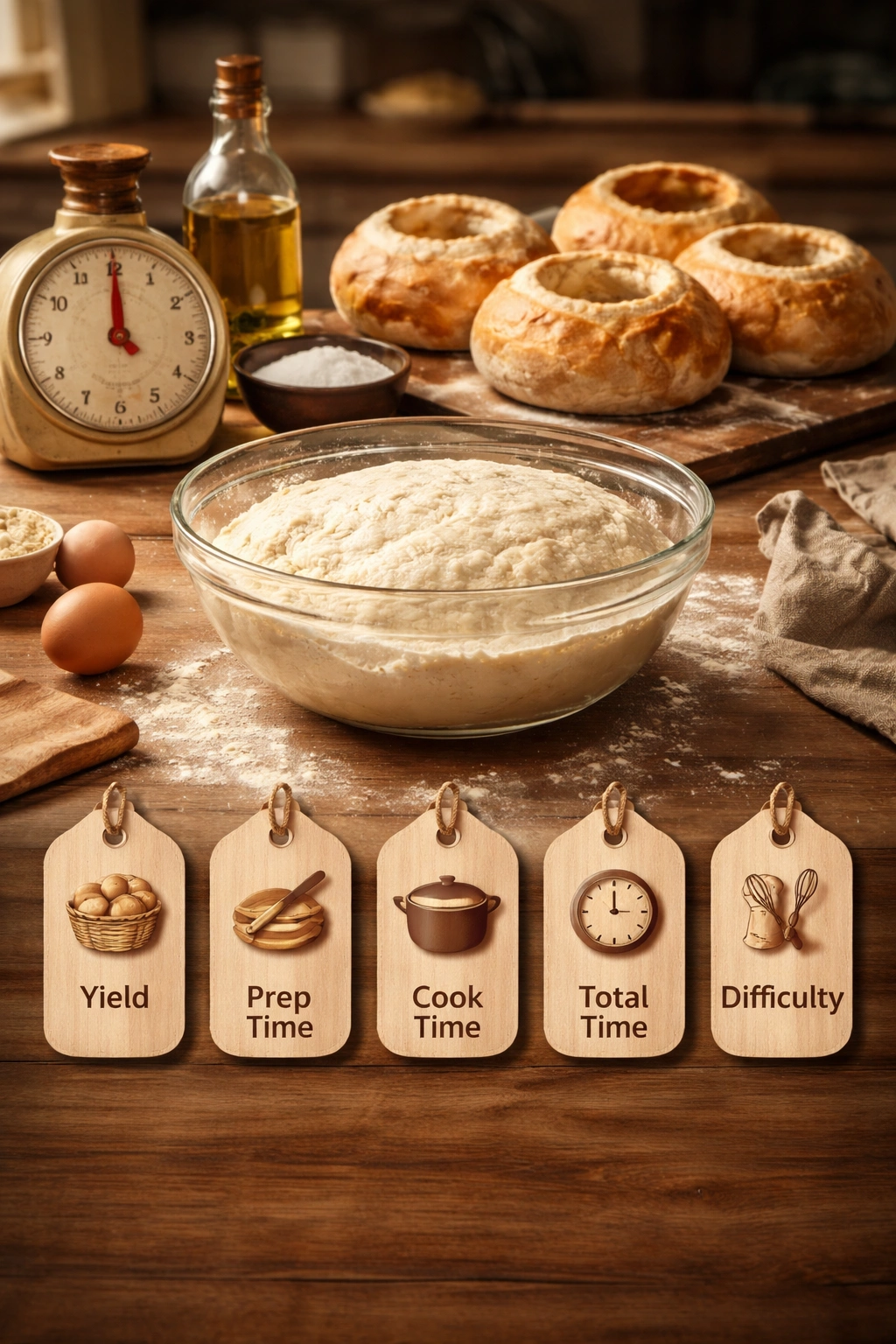 Vintage timer and dough on wooden counter