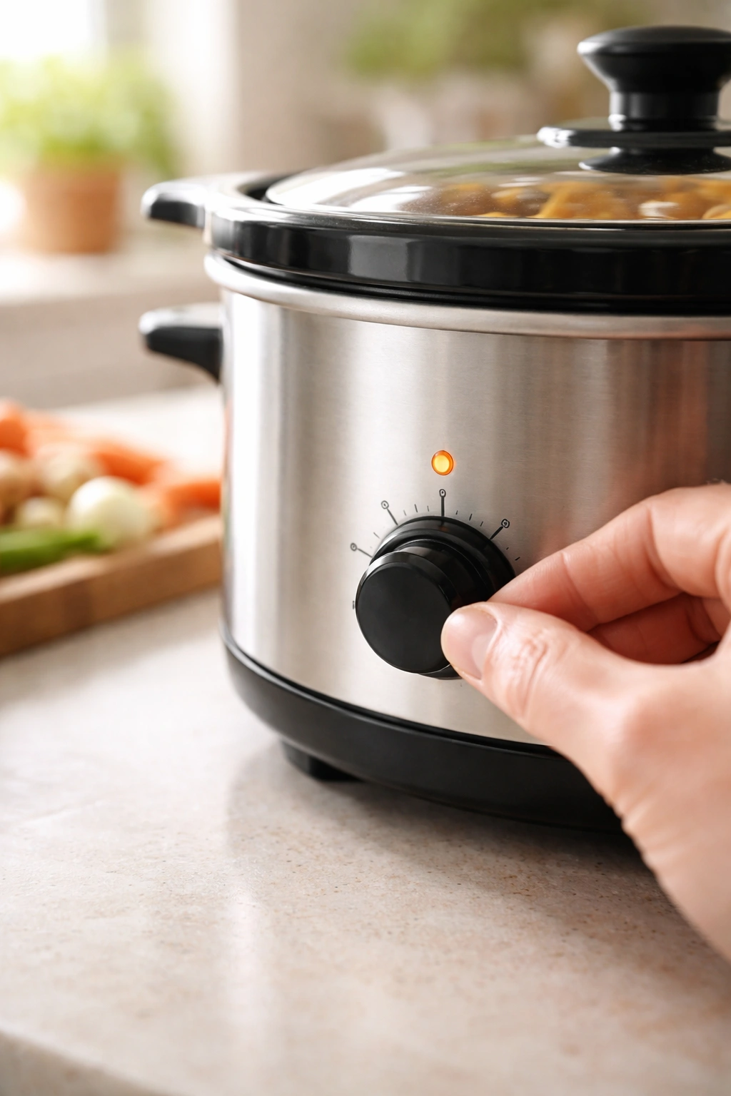 Close-up of a slow cooker dial with tick marks and no numerals on a clean counter
