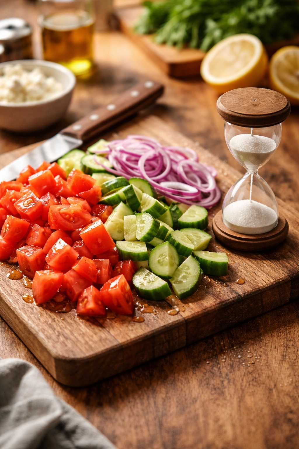 Close-up of chopped tomatoes, cucumber, and red onion on a cutting board with an hourglass, illustrating timing to keep salad crisp