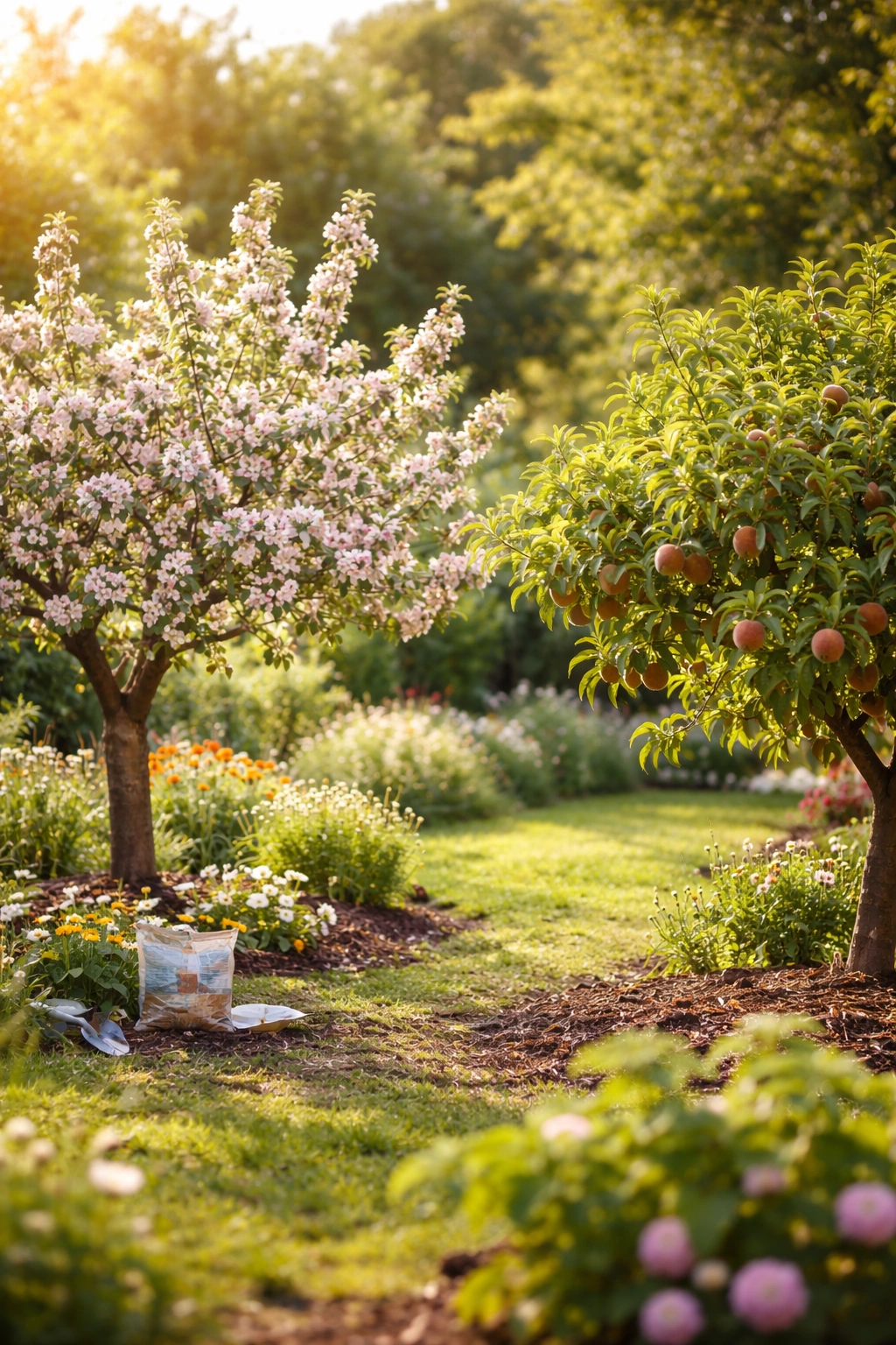 Two fruit trees showing different growth stages in a garden