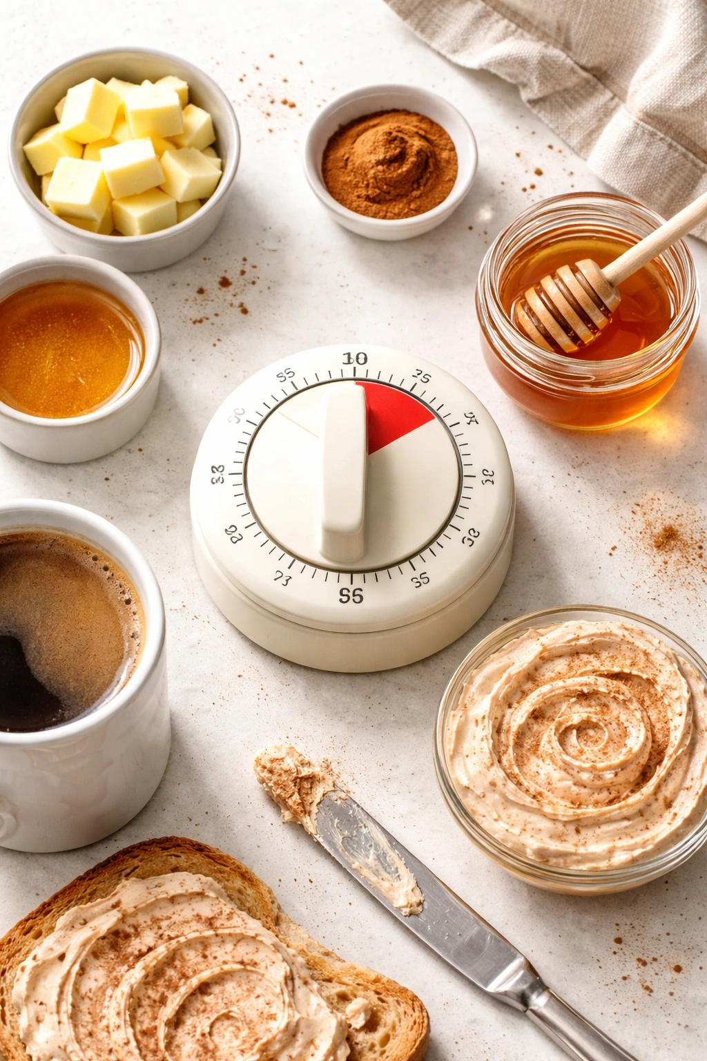 Kitchen timer showing five minutes on a neutral surface