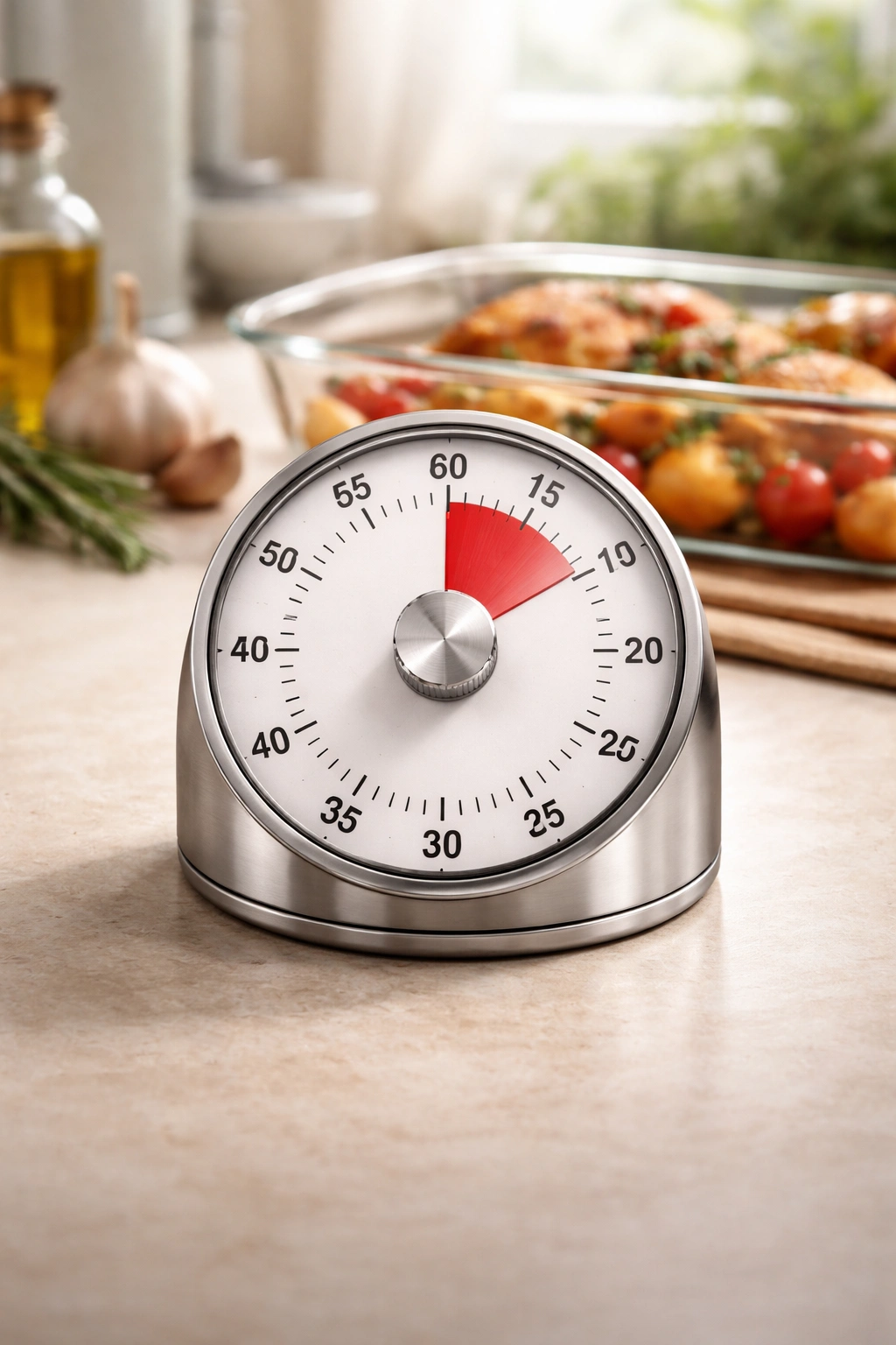 Close-up of a kitchen timer with an unmarked face, representing cooking timing