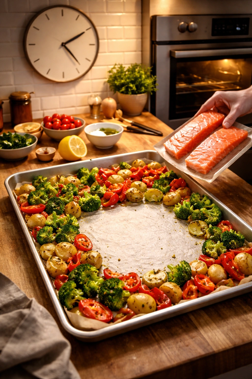Timer-like kitchen scene with vegetables roasting and space for salmon.