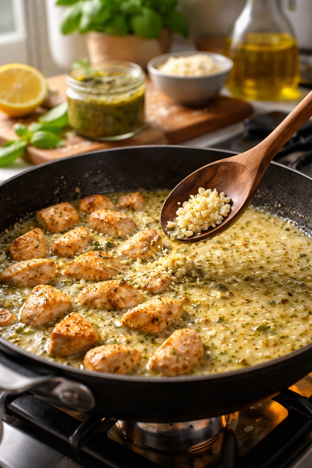 Skillet with browned chicken and garlic adding to a sauce base, warm kitchen