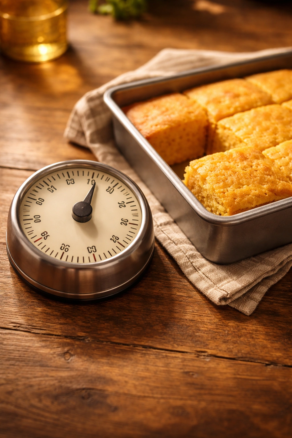 Timer and baking pan representing serving and timing for cornbread