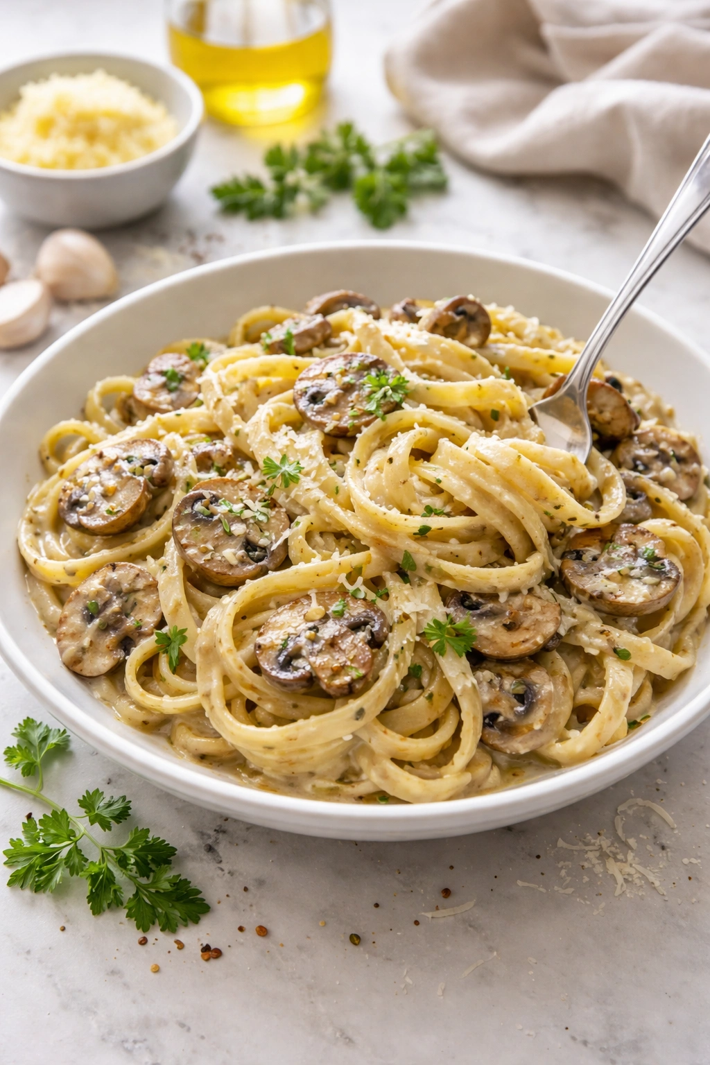 Creamy mushroom pasta plated cleanly, highlighting sauce and texture