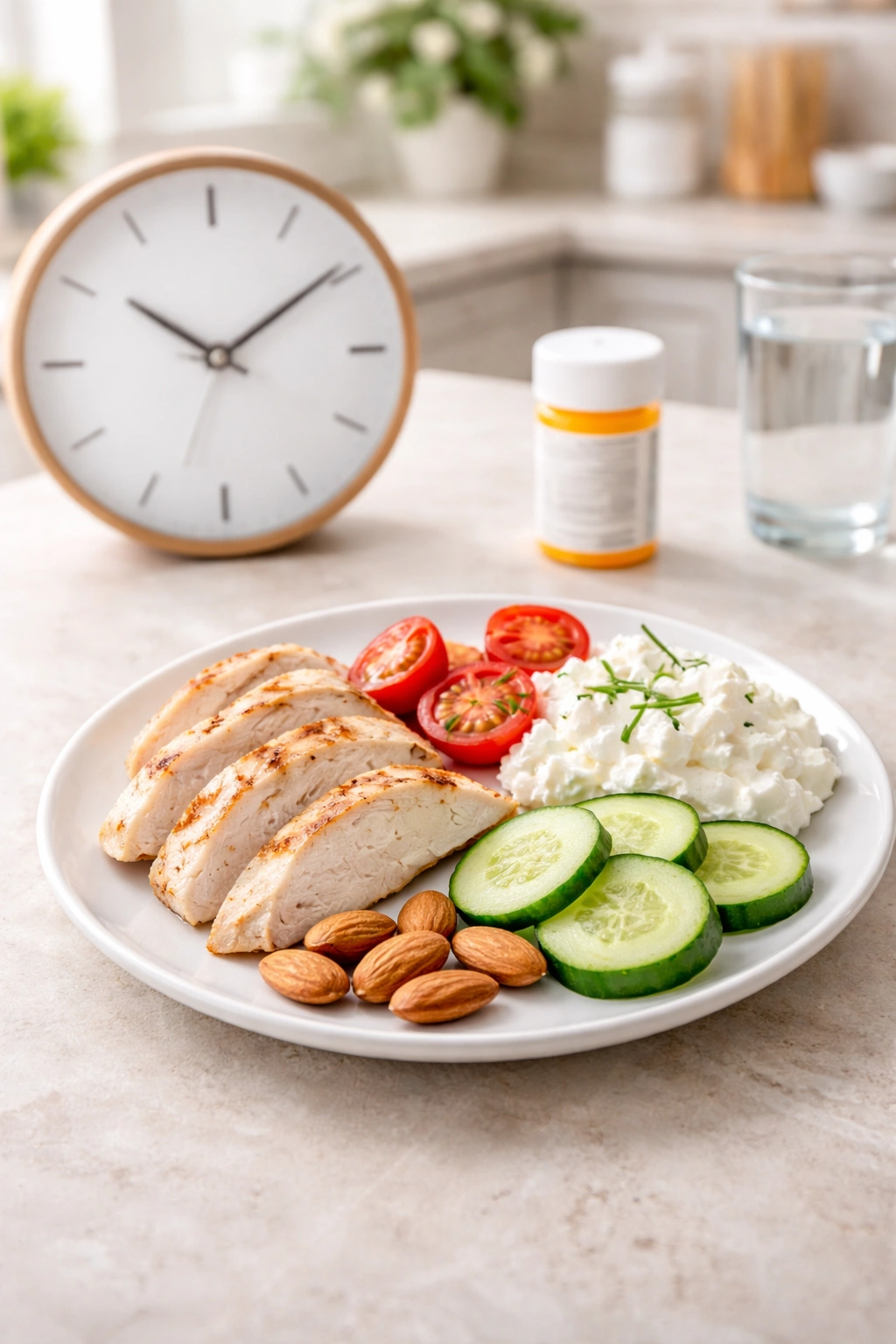 Plate with a small protein snack and a numberless clock in background