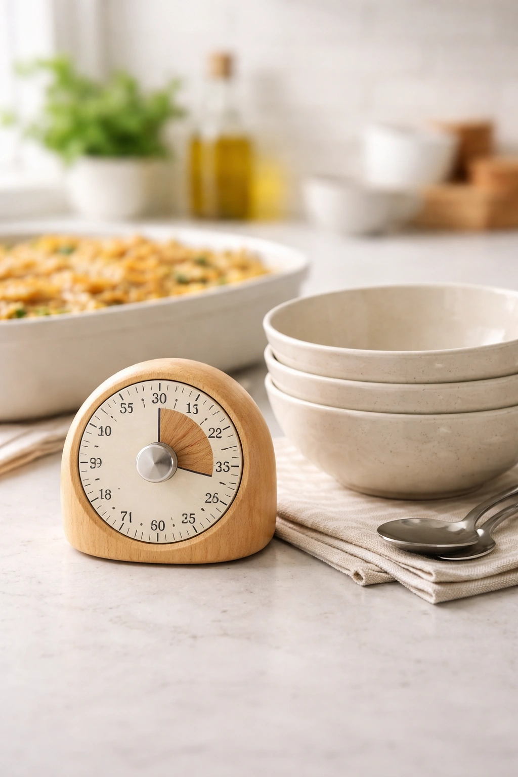 Timer and serving bowls on a clean counter representing serving and timing