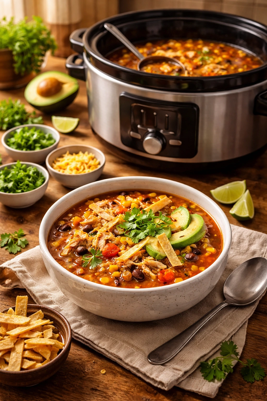 Soup served in a bowl next to a slow cooker
