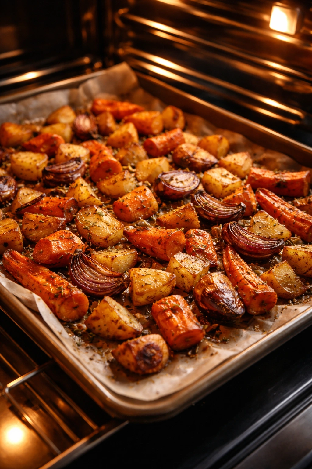 Close-up of caramelized roasted root vegetables on a sheet pan in warm kitchen lighting