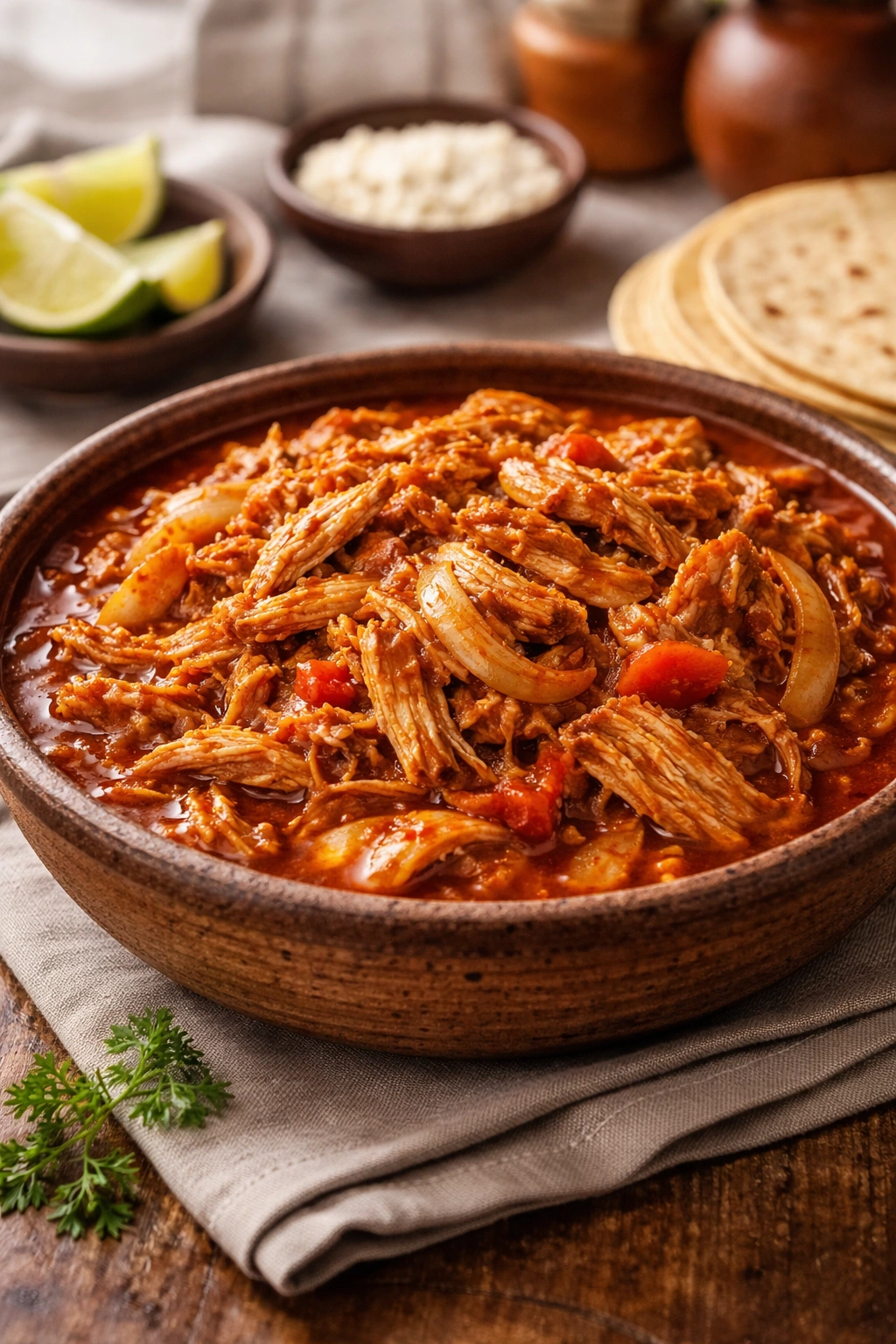 Shredded chicken in smoky chipotle adobo in a bowl