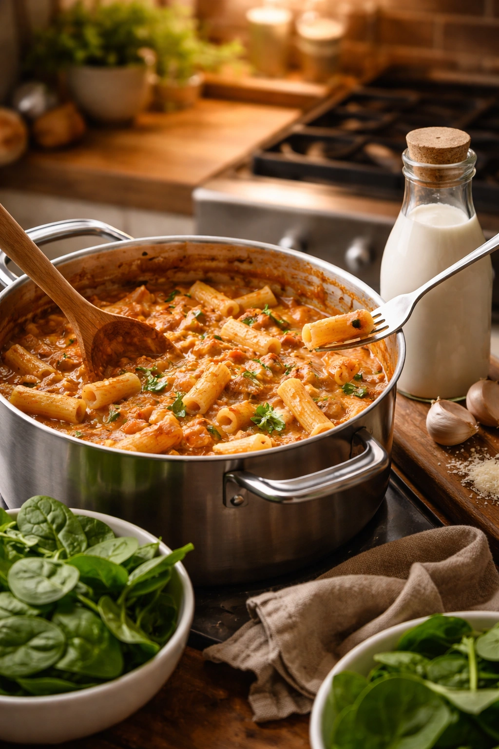 Cooking tips montage showing stirring, tasting, spinach, and cream to ensure foolproof dish