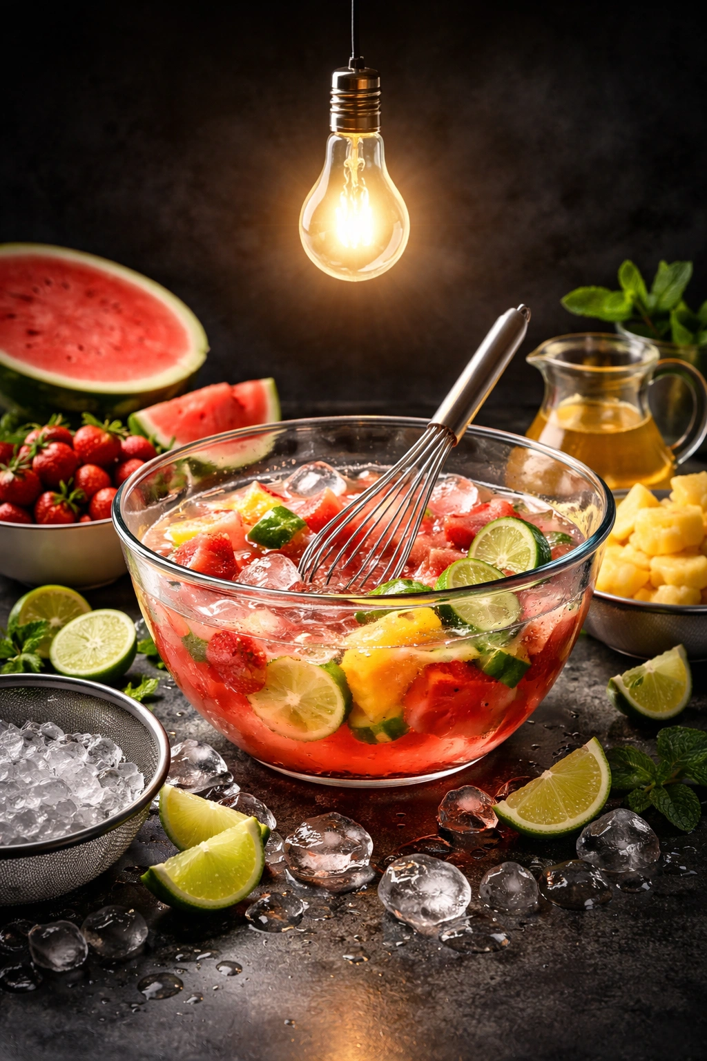 Glowing lightbulb above glass bowl and whisk symbolizing kitchen tips