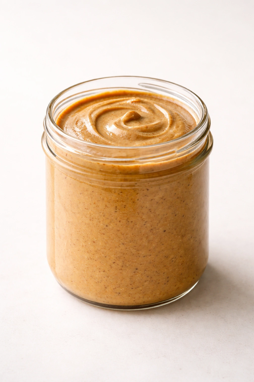 Glass jar of nut butter on a clean surface